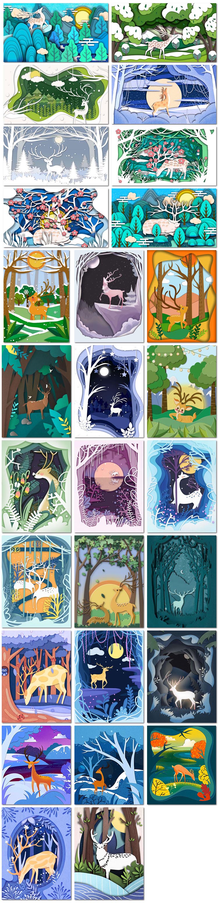 28张剪纸风森林与鹿折纸树林麋鹿唯美卡通海报插画psd模板素材设计