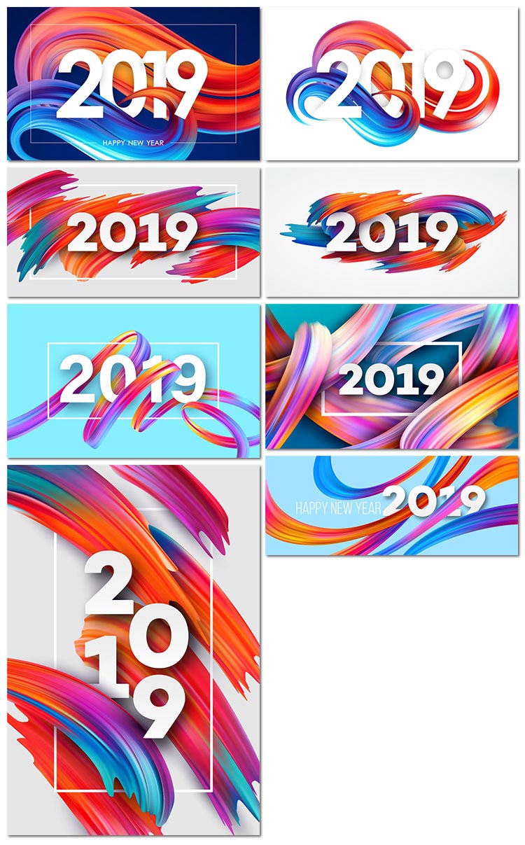 8张2019年新年数字潮流渐变运动流体背景展板艺术AI矢量设计素材模板