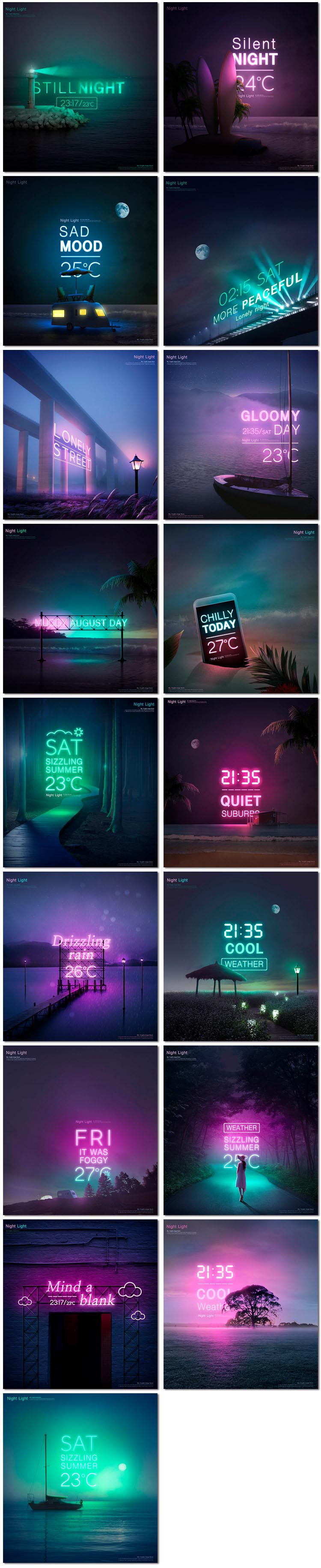 17张夜空彩色调夜晚岛屿灯搭灯箱霓虹灯灯管星空PSD海报素材模板设计