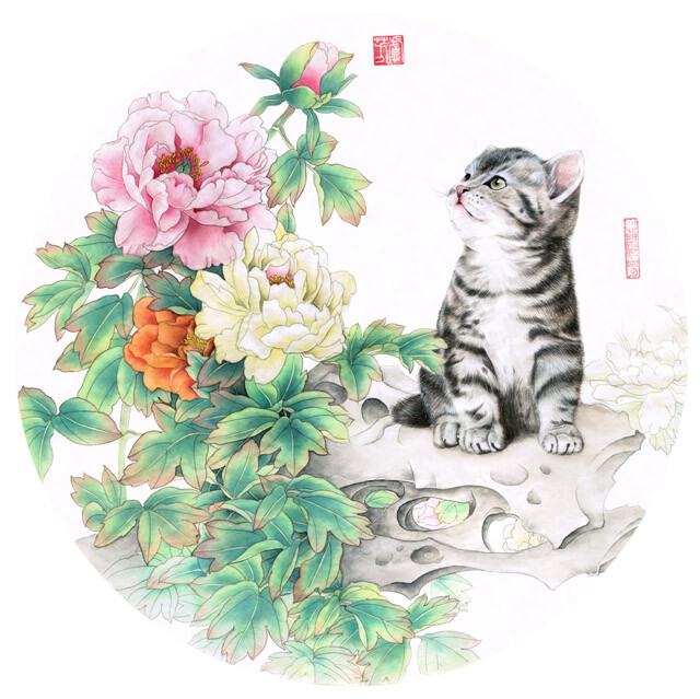 女画家卢芳工笔画猫咪奇石,花卉作品