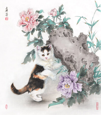 女画家卢芳工笔画猫咪奇石,花卉作品