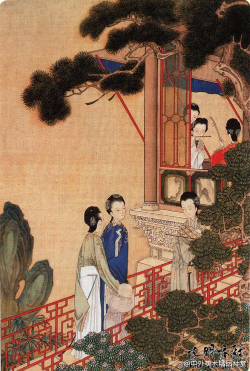 清 焦秉贞 《仕女图册》——绢本设色，21.3 × 30.2 厘米，现臧故宫博物院。此画册共二十页，分别是柳院鞦韆、风雨微吟、莲舟晚泊、桂香濯月、梧阶夜雨、松阁笙歌、梅窗刺绣、秉烛敲棋等仕女闺阁休闲生活情景；画册工笔重彩，勾绘精微，兼用西笔，十分华丽。