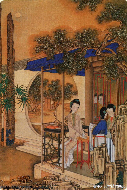 清 焦秉贞 《仕女图册》——绢本设色，21.3 × 30.2 厘米，现臧故宫博物院。此画册共二十页，分别是柳院鞦韆、风雨微吟、莲舟晚泊、桂香濯月、梧阶夜雨、松阁笙歌、梅窗刺绣、秉烛敲棋等仕女闺阁休闲生活情景；画册工笔重彩，勾绘精微，兼用西笔，十分华丽。