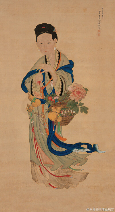 清 冷枚 《献寿图》 ——绢本设色，62.5 × 122.5 厘米，现臧故宫博物院。此画麻姑仙女身着淡绿长衫，左臂挽一圆腹精巧竹篮，衣衫飘飘，神骨仙态，瀛州采药，满载而归，正欲为雍正皇帝献寿也；画笔工细，设色文雅，造…