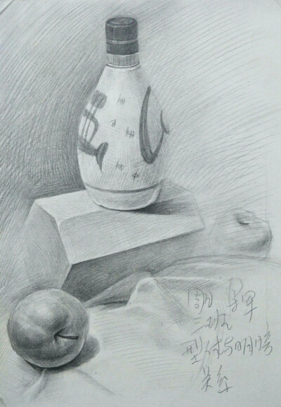 乐军素描石膏教学图解第一章内容
《型体与明暗的关系》
《六棱柱，酒瓶，苹果，桌布》