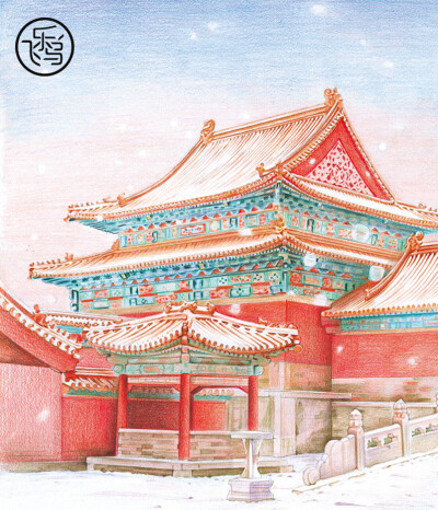 儿童画，古风，线描，彩铅画