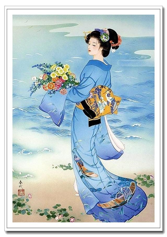 森田春代是生活在明治-昭和年间的日本女画家，她把独特的日本浮世绘与西洋绘画相融合，描绘出雅致而美丽的日本女性形象， 尤其是对日本和服的造型和细节非常地道讲究。她画的仕女人物娇俏恣意，面目清丽生动，仪态自由万方，色彩明丽鲜艳，画中所描绘的身穿和服的日本女性身上蕴含着一种西洋的美，与其他日本画家笔下所描绘的美人具有不同的超群风格，在海内外都享有高度的评价，深受各地人们的喜爱。