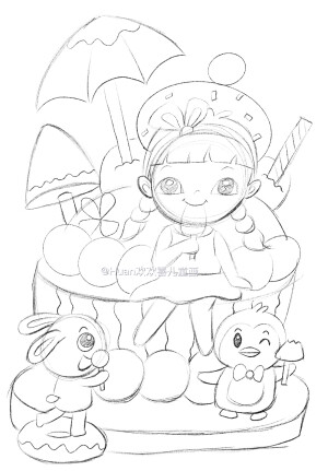 西瓜女孩 线描插画 线描儿童画