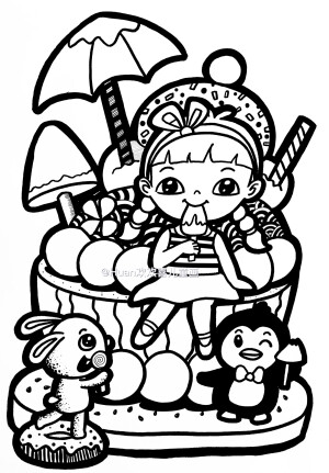 西瓜女孩 线描插画 线描儿童画