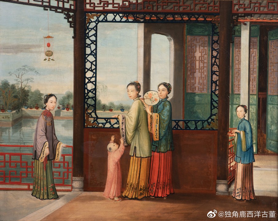 1820年中国外销油画
罕见瑰作，以非凡画技，融汇东西！
宅院富贵，美人雍容，旖旎雅丽，
将往日欧陆的东方迷情，点缀厅室。