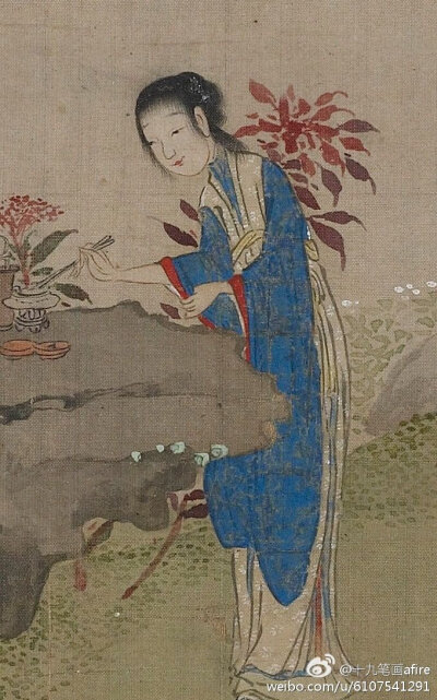 Freer Gallery of Art馆藏仇英(款) 仕女团扇图页，这是清人伪托仇英的作品，上次介绍此册的年代在清中期，但有专业人士据人物服饰判断为清早期，又去核对了一下，确实，在十七世纪中期，清早期，作者名（音）Sun Hua…