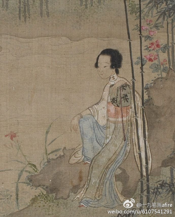 Freer Gallery of Art馆藏仇英(款) 仕女团扇图页，这是清人伪托仇英的作品，上次介绍此册的年代在清中期，但有专业人士据人物服饰判断为清早期，又去核对了一下，确实，在十七世纪中期，清早期，作者名（音）Sun Huang