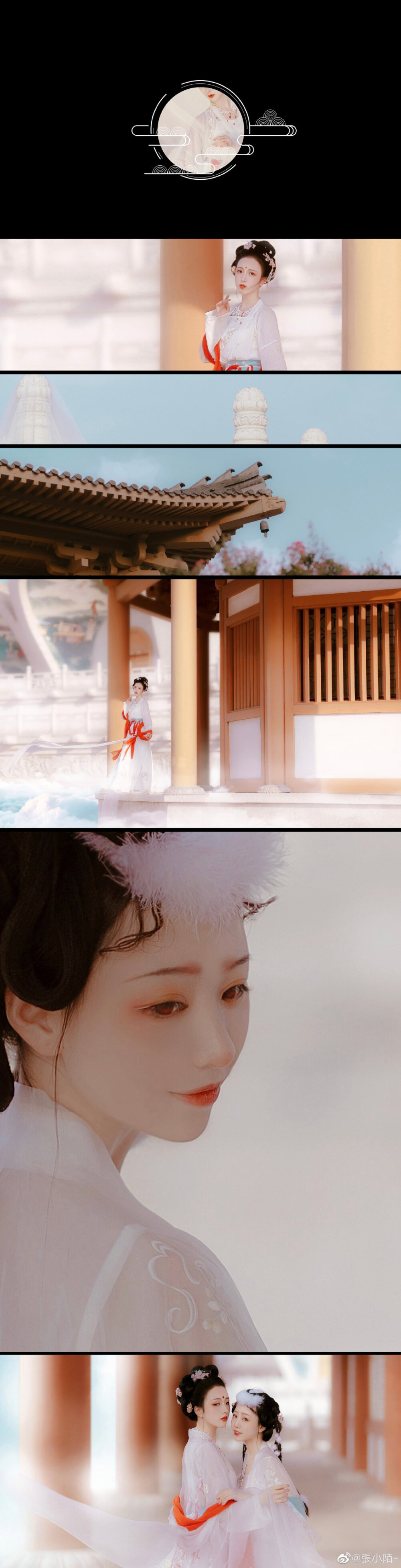  【广寒宫】
玉宇琼楼闭早秋，金蟾银兔啼寒夜。
夜寒露下步瑶台，罗袜仙裙冉冉来。
摄影：@張mo_
出镜： 嫦娥：@卿卿草
玉兔：@十月花崎
妆造：@嵩希希
服装：@美人夜来工作室 @抚绸衣庄
同行：@彭彭pong_
