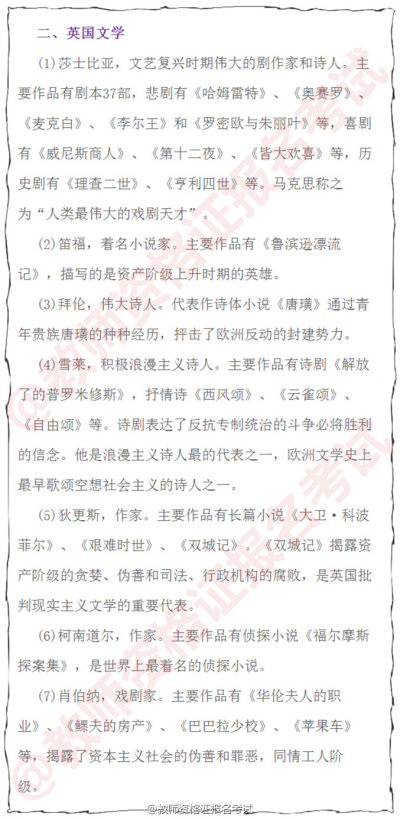 【积累教师资格证考试外国+中国文学常识】
教师资格证笔试文学常识这方面知识 内容范围广 要灵活处理 多看下就可以了 静下心来 能看多少是多少 掌握一个知识点就赚一个 考的就是平?；?1-5图外国文学 6-9…