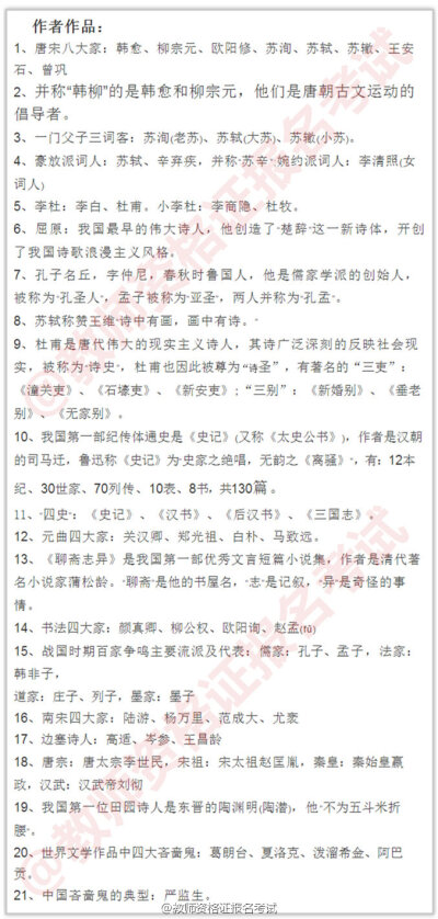 【积累教师资格证考试外国+中国文学常识】
教师资格证笔试文学常识这方面知识 内容范围广 要灵活处理 多看下就可以了 静下心来 能看多少是多少 掌握一个知识点就赚一个 考的就是平?；?1-5图外国文学 6-9…