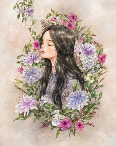 女孩与鲜花插画，图片来源于网络