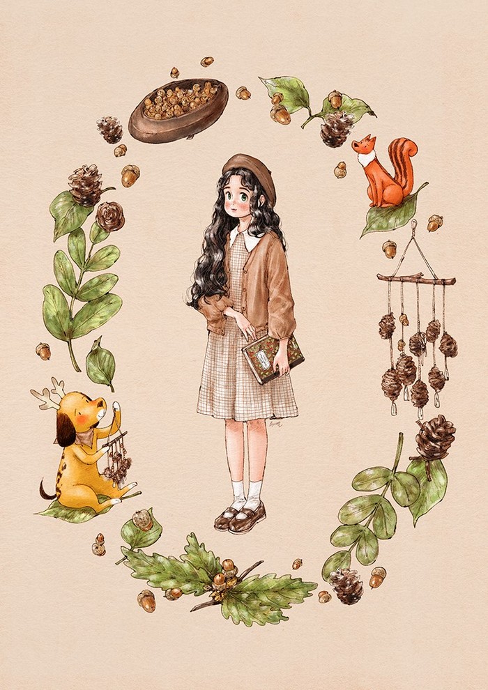 秋季的贝雷帽 ~ 来自韩国插画家Aeppol 的「森林女孩日记-2019」系列插画。
