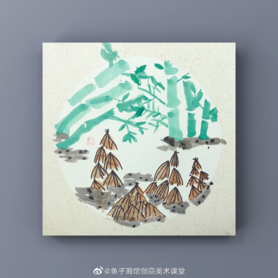 《竹笋》，#3～5岁#，一个半小时。工具：宣卡，国画颜料，勾线笔 ​​​​