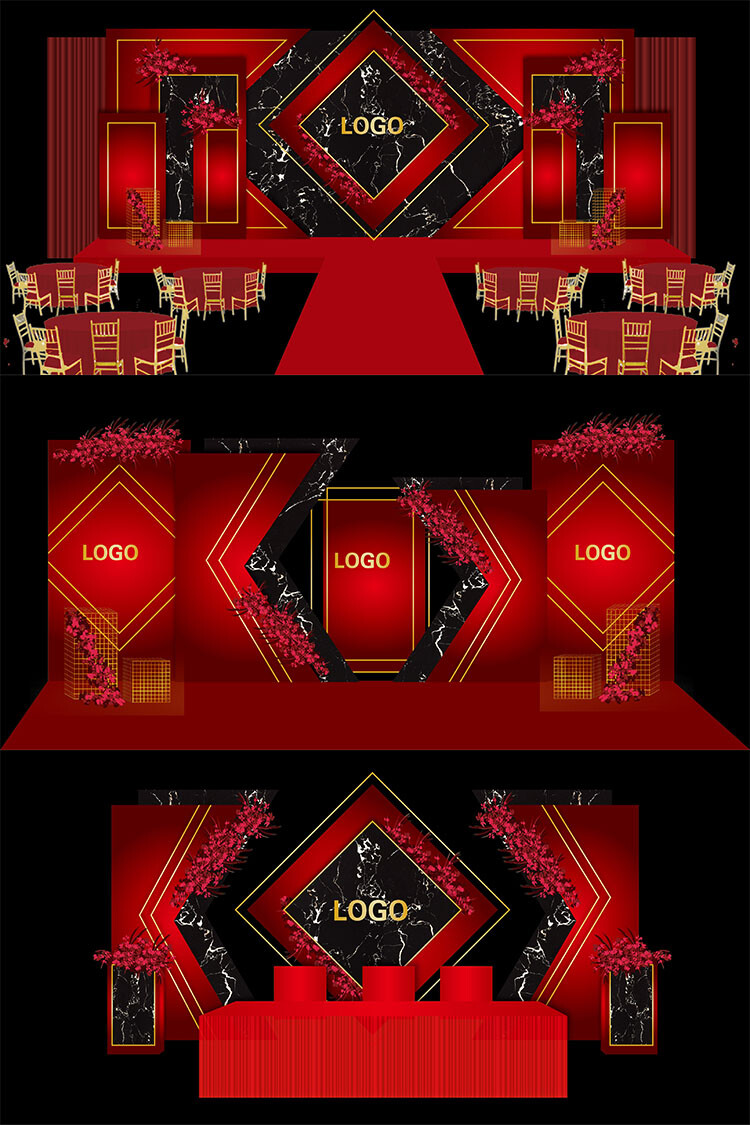 现代简约红金大气奢华婚礼舞台签到迎宾区效果图ai模板设计素材