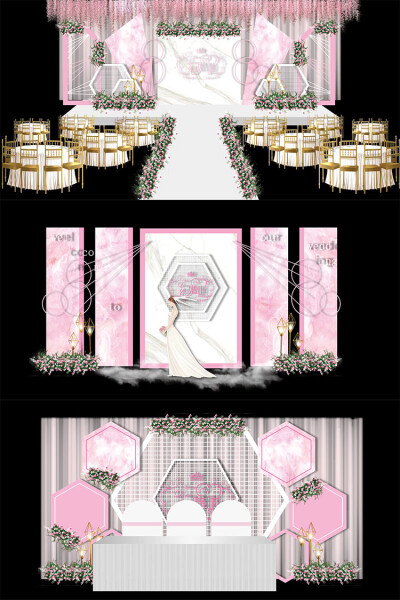粉色大理石欧式婚礼舞台舞台签到迎宾区ai效果图模板设计素材