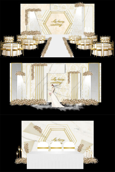 香槟色大理石欧式婚礼舞台签到迎宾区ai效果图模板设计素材