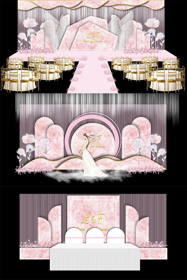 粉色欧式大理石婚礼舞台签到迎宾区ai效果图模板设计素材