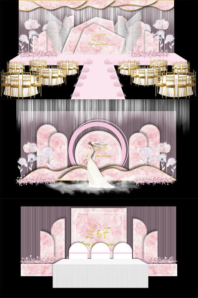 粉色欧式大理石婚礼舞台签到迎宾区ai效果图模板设计素材