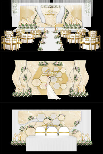 香槟色大理石欧式婚礼舞台签到迎宾区ai效果图模板设计素材
