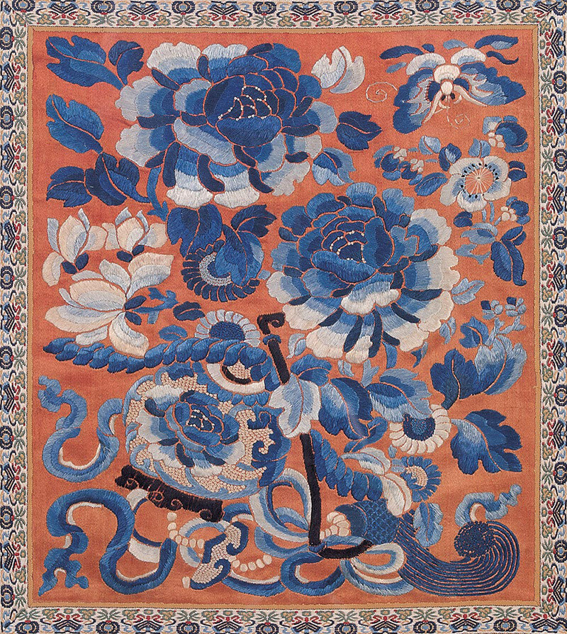 橙色地三蓝绣蝶恋花纹马面清晚期尺寸高415cm宽38cm