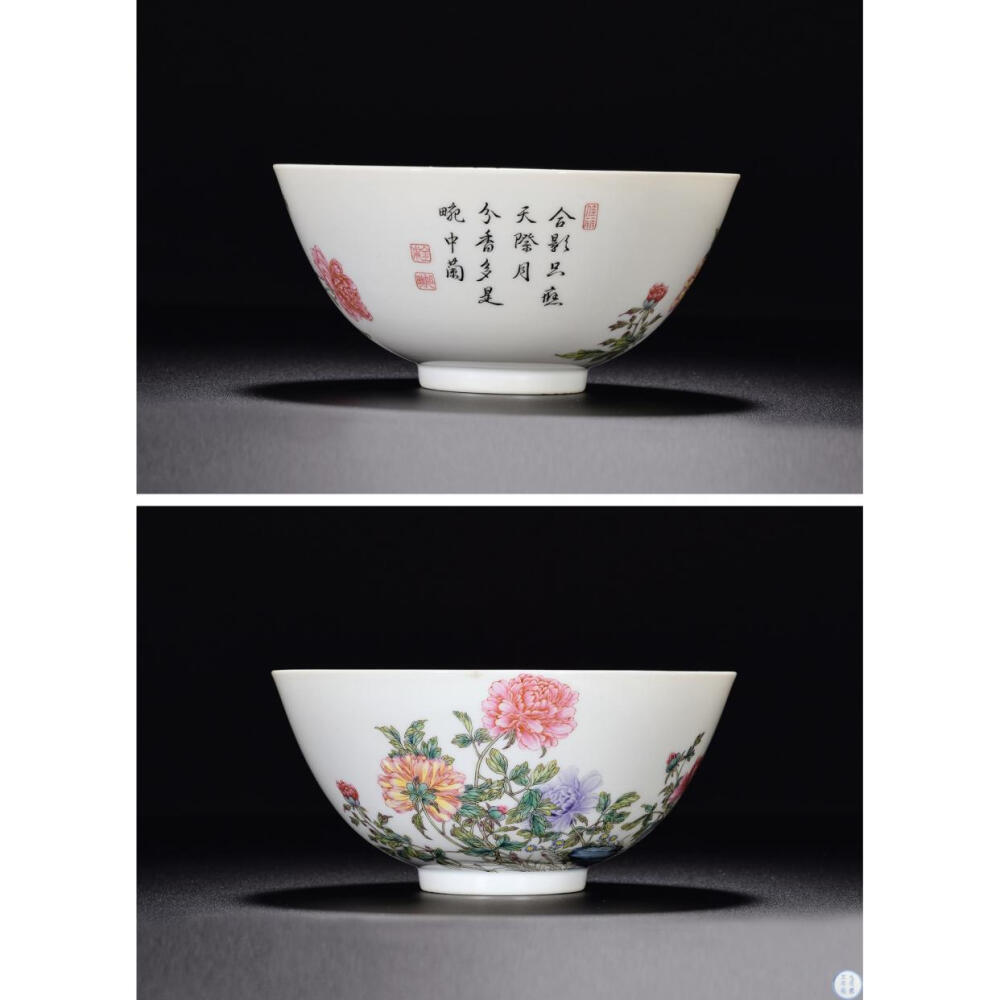 清雍正 瓷胎画珐琅牡丹花卉诗文碗（彩疑后加）
直径14.3cm
雍正帝胤禛对古代文人的品性追求，可称是有清一代帝皇的典范。文人士大夫对精致生活的营造，闲情逸致的抒发，都可从他的身上得到体现。花事是古代文人雅士重要的怡情活动之一，对各式花材的品评、选择均有严格的标准，雍正皇帝对此非常精通，讲究组合之美，追求自然清新的唯美境界。因此，雍正一朝宫廷诸项工艺品中凡有花卉题材，均是工笔写真，形神俱佳，气韵清雅脱俗。
此碗略撇口，弧腹，圈足。造型俊雅，线条柔美，胎釉白胜霜雪，莹润可爱。外壁以珐琅彩绘山石、牡丹吐萼含苞，风姿绰约，各式花卉屈曲斜袅，各具意态，蜜蜂两只袅袅于花中，欲落还飞，饶添野趣。画笔清秀细腻，设色淡雅逸丽，春色盎然；画笔清秀细腻，设色淡雅逸丽，仿若春风拂面，醉人心扉。更配以诗句“合影只应天际月，分香多是畹中兰”墨彩书法遒劲中透出婉约，妩媚中蕴含阳刚，与整个图案摄情呼应。诗起首亦落有椭圆形的印款为“佳丽”，压脚有两方方印款为；“金成”、“旭映”。具备雍正时期珐琅彩的风格。底落“大清雍正年制”，六字青花双圈楷书款识。