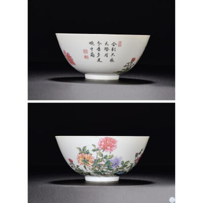 清雍正 瓷胎画珐琅牡丹花卉诗文碗（彩疑后加）
直径14.3cm
雍正帝胤禛对古代文人的品性追求，可称是有清一代帝皇的典范。文人士大夫对精致生活的营造，闲情逸致的抒发，都可从他的身上得到体现。花事是古代文人雅…