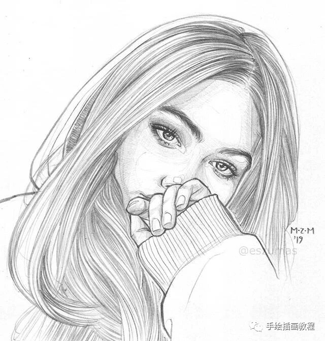 黑白线描画人物美女图片