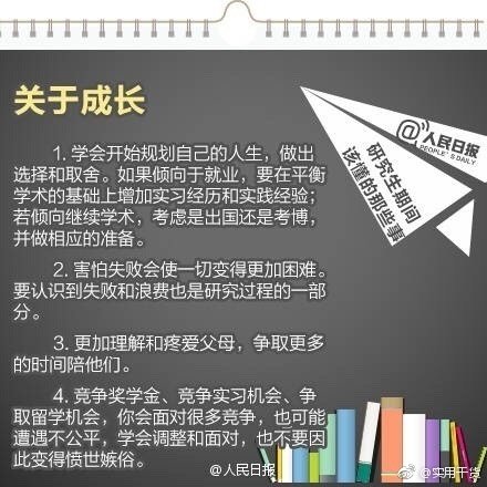 【研究生期间该懂的事 分享给即将读研的同学】
①如果只把读研当缓解就业压力的避风港 就太对不起考研付出的努力了；
②学会如何学习最重要；
③认真对待每次论文 它不仅训练表达能力 更是训练思维逻辑
④不要因为别人左右自己的内心 安心读书 潜心学术 即使最后你不选择学术道路 也会很有收获。 ?