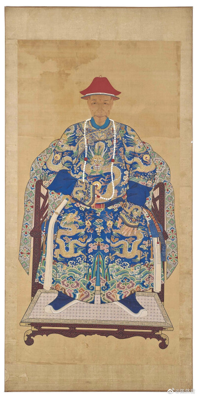 清早期男坐像，绢本设色，88.5x177cm。