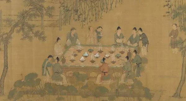 传宋徽宗《十八学士图》
本幅描绘文士聚会的场景，或宴饮品茗、或赋诗作书、或游园赏景。童仆林立，臂鹰控骑，捧砚执卷，奏乐备茶，气氛热闹欢愉。
史载秦府十八学士每日分三班轮值，与时为秦王的李世民讨论经史。宋代之后多见雅集式的描绘，应为想像的场景，相较于出现较早的功臣式图像着重于个别性、身分官职的区别，此处已然是去识别化的处理。