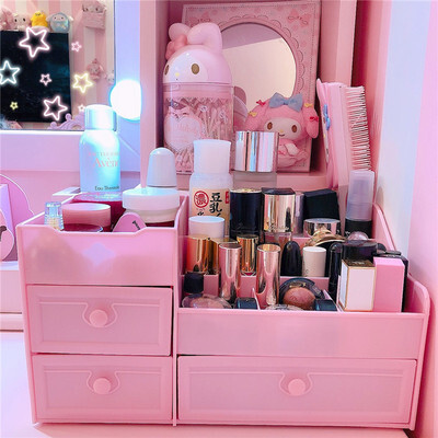 粉嫩桌面双层大容量化妆品护肤品收纳盒塑料分格学生宿舍整理收纳