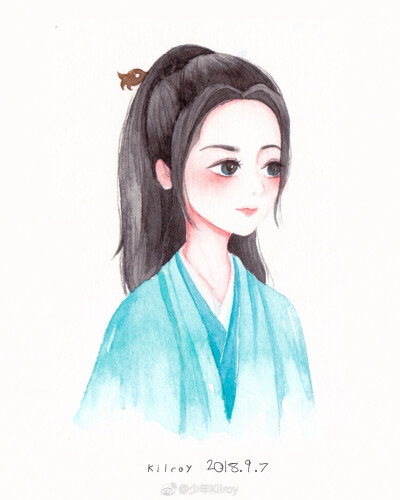 水彩古风人物插画，作者:青尘水彩