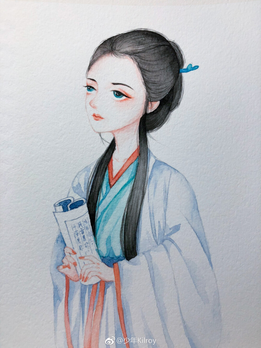 水彩古风人物插画，作者:青尘水彩