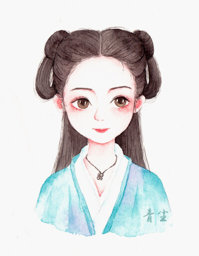 水彩古风人物插画，作者:青尘水彩