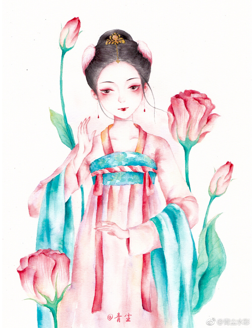 水彩古风人物插画，作者:青尘水彩