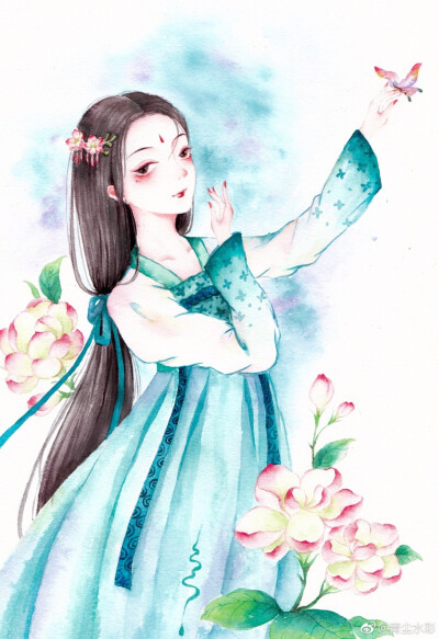 水彩古风人物插画，作者:青尘水彩