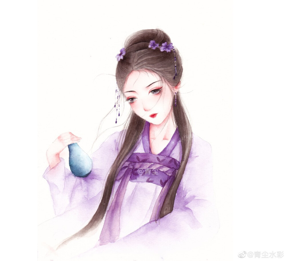 水彩古风人物插画，作者:青尘水彩