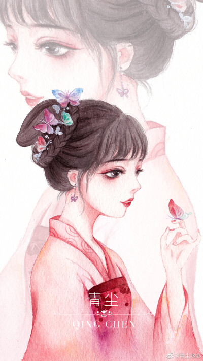 水彩古风人物插画，作者:青尘水彩