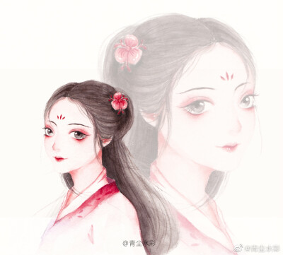 水彩古风人物插画，作者:青尘水彩