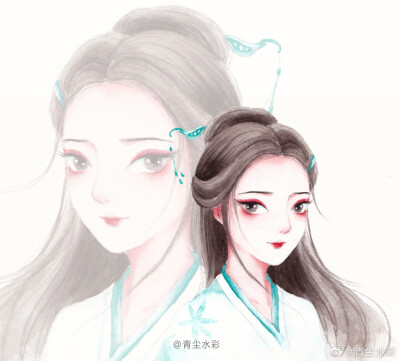 水彩古风人物插画，作者:青尘水彩