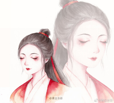 水彩古风人物插画，作者:青尘水彩