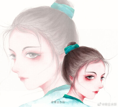 水彩古风人物插画，作者:青尘水彩