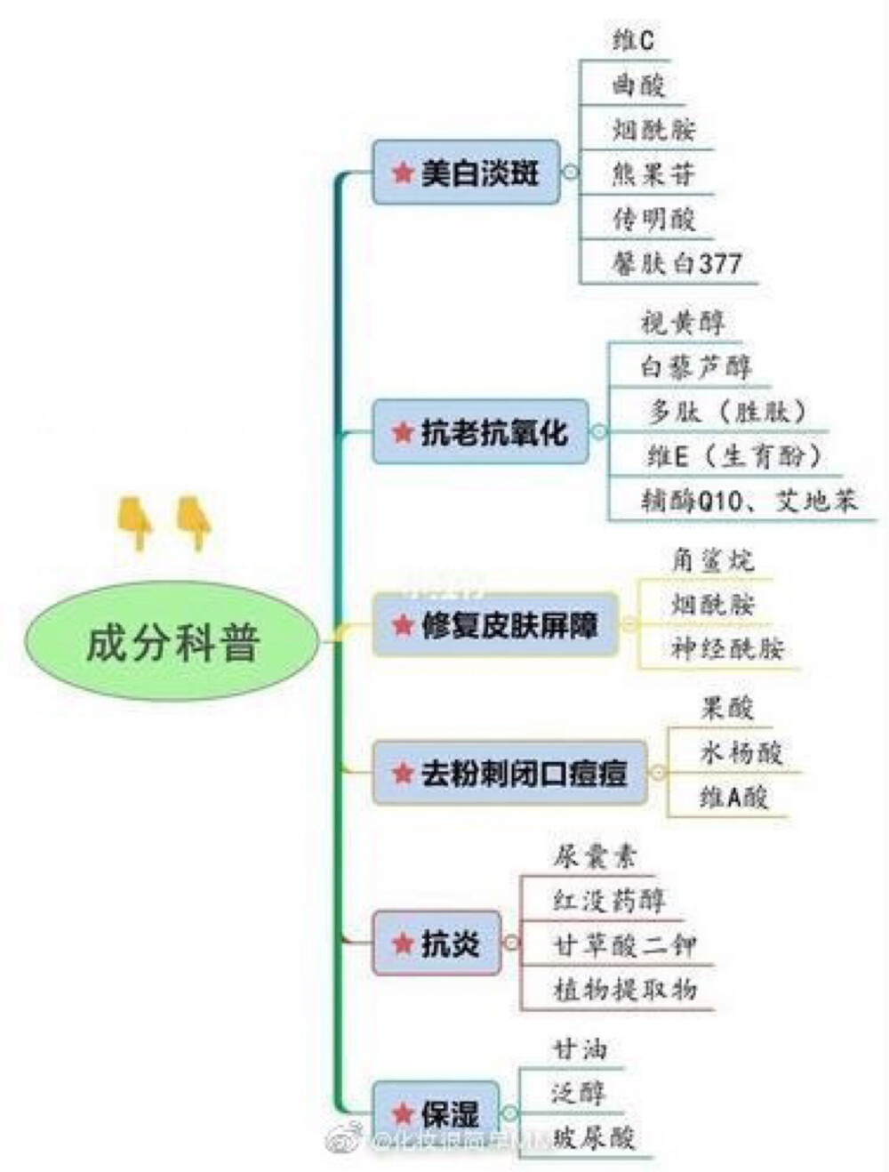 1⃣美白
针对皮肤问题：暗沉发黄、无光泽、肤色不均、晒斑、黑色痘印
✔维C
淡化已生成的黑色素，改善暗沉，提亮肤色；刺激胶原蛋白再生，减缓皱纹产生
✔传明酸
控制黑素细胞的活性，预防皮肤色素沉淀；消炎止血
✔烟酰胺
多面小能手，美白提亮、减缓衰老、抑制油脂分泌、修复受损肌肤
✔熊果苷
抑制黑色素产生，减少色素沉着。分α和β熊果苷，前者美白效果是后者的10倍
✔曲酸
阻碍黑色素生成，提高皮肤通透度，但有一定的致敏性
✔377
从源头阻断黑色素合成，改善肤色暗沉，淡化色斑。美白效果是曲酸的10倍以上
2⃣抗老
针对皮肤问题：皮肤老化、松弛下垂、不紧致、无弹性
✔A醇
增厚表皮厚度，促进胶原蛋白合成，提高皮肤紧致度，恢复皮肤活力和弹性
✔辅酶Q10
清除氧自由基，减缓胶原蛋白的降解，提高皮肤修复再生能力，减轻皱纹
✔白藜芦醇
减少紫外线照射引起的细胞损伤和炎症反应，加速细胞更新，延缓衰老
✔胜肽
激活细胞，促进胶原蛋白增生，对抗松弛肌肤，让肌肤变饱满紧实
✔维E
抵御紫外线对皮肤的伤害，预防光老