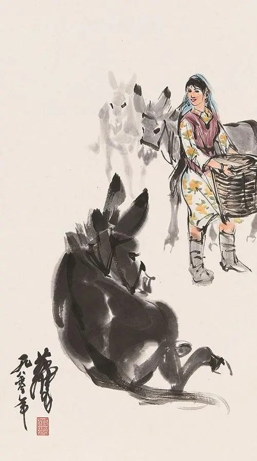 黄胄（1925-1997）《喂驴图》
立轴 设色之本 1980年作
说明：2004年出版物P30，《中国近代名家》人美出版社
68×38cm 约2.3平尺