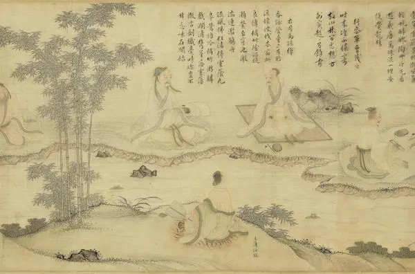 明 李宗谟《兰亭修褉图》台北故宫博物院藏
明李宗谟《兰亭修褉图》中，与会者列坐于曲水两岸，旁有榜题录出名衔与所赋诗文。画中人物描绘精致，设色秀雅，场景细节丰富，颇具观赏之趣。